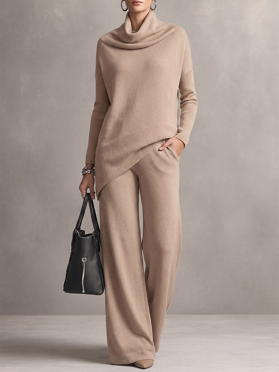 Women's Solid Color Turtleneck Long-sleeved Casual Loose Knit Top And High-waisted Wide-leg Knit Set
