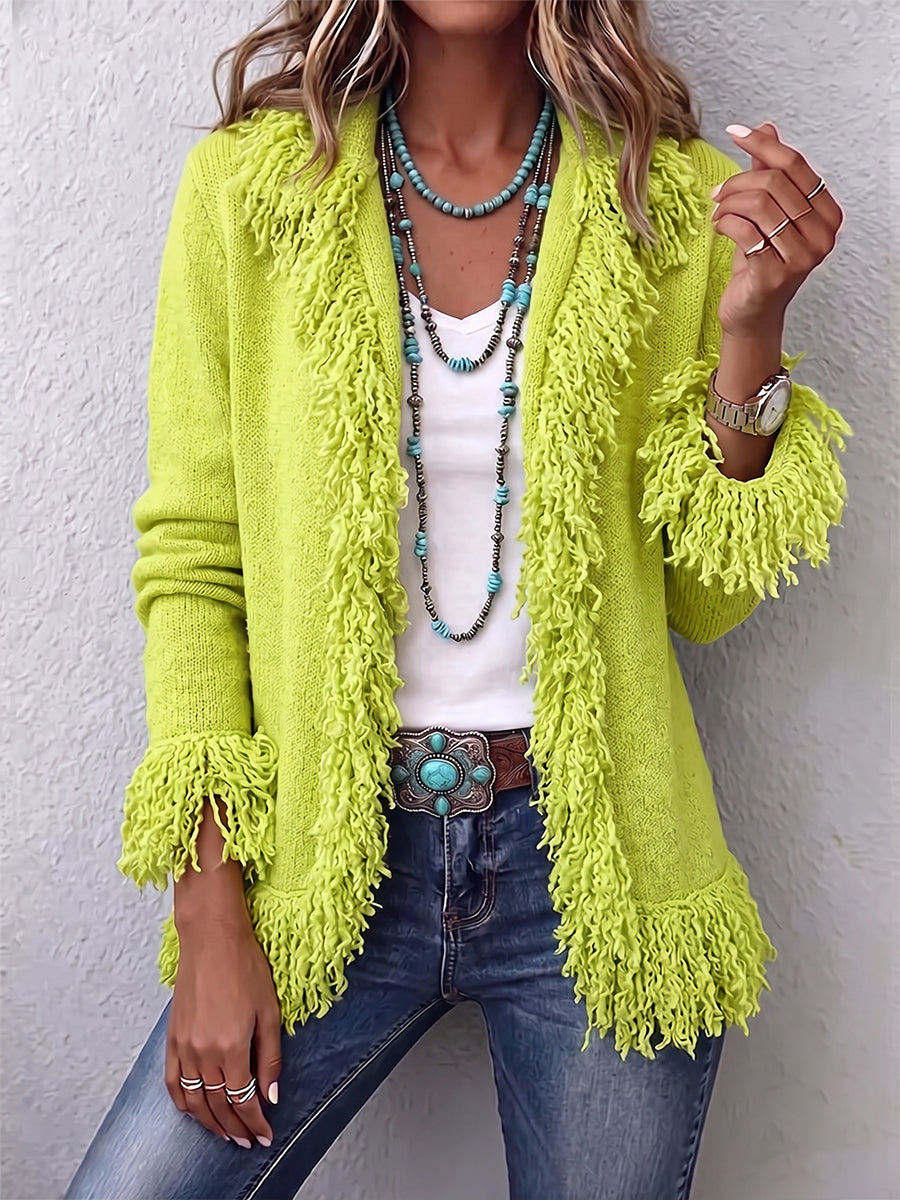 Vibrant Chartreuse Boho Fringe Cardigan