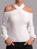 Women's Solid Color Halter Neck Off-shoulder Long-sleeved Knit Top