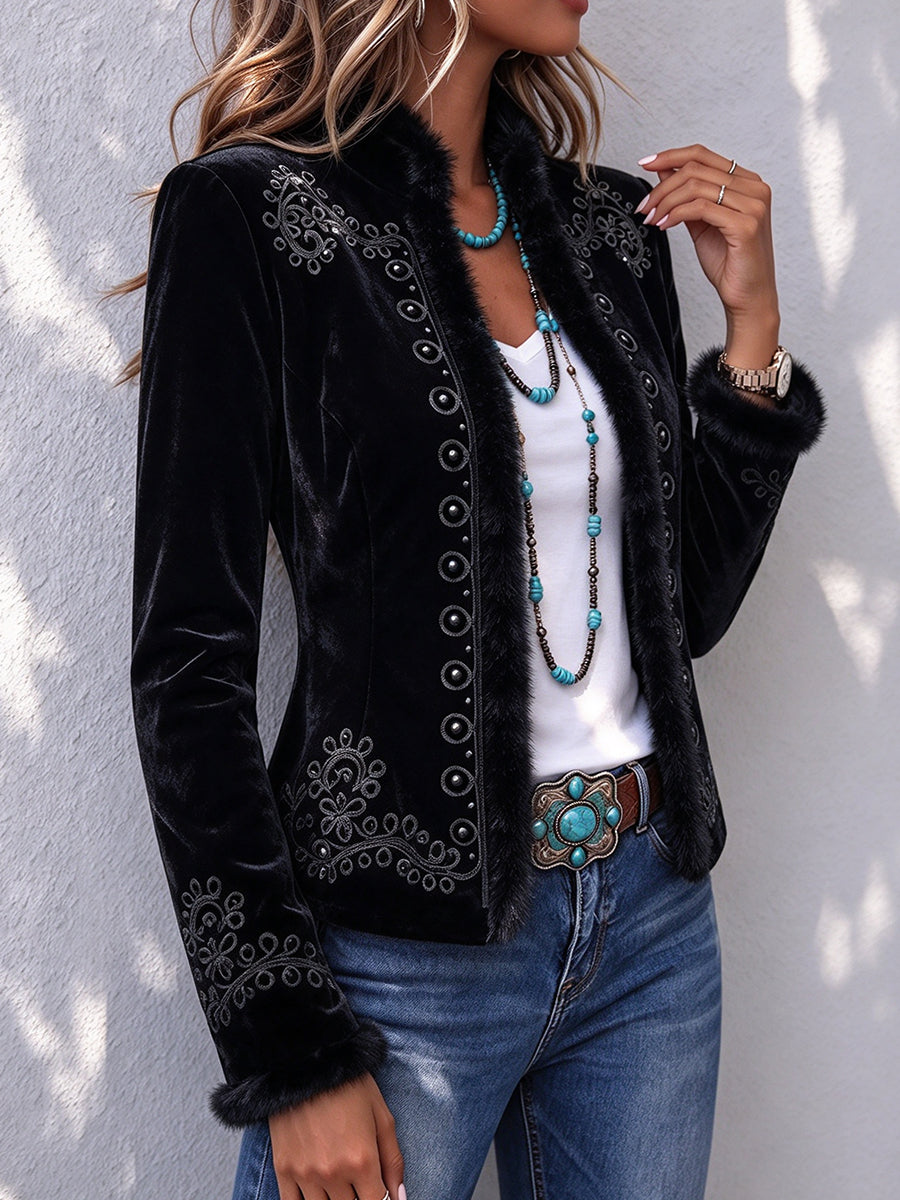 Vintage-inspired Exquisite Velvet Coat With Fur Collar