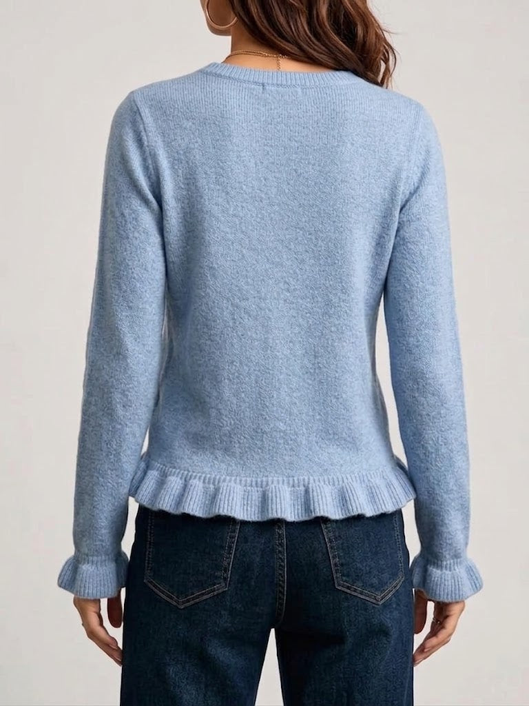 Solid-color Crew-neck Long-sleeve Knit Sweater With Ruffle Details