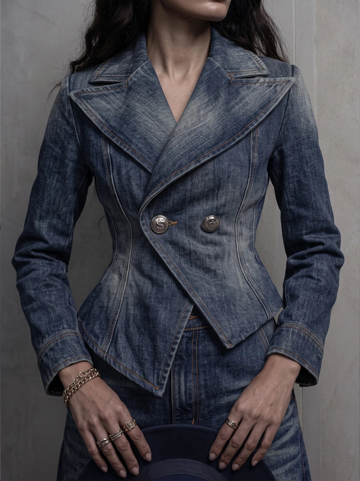 Chic Washed Denim Double-Breasted Peplum Blazer