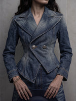 Chic Washed Denim Double-Breasted Peplum Blazer