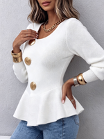 Elegant Peplum Knit Top With Statement Gold Buttons