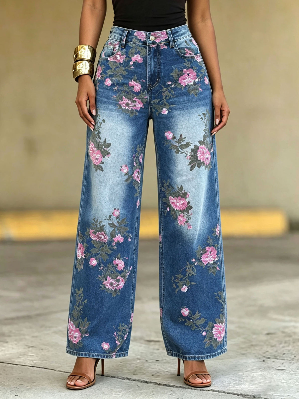 Boho High-waisted Floral Wide-leg Jeans
