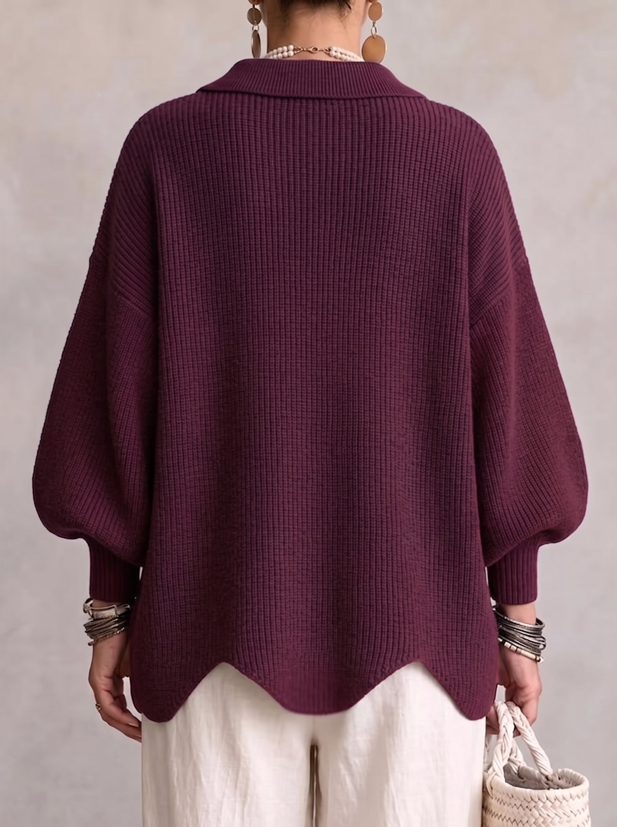 Oversized Collared Knit Cardigan With Large Metal Buttons
