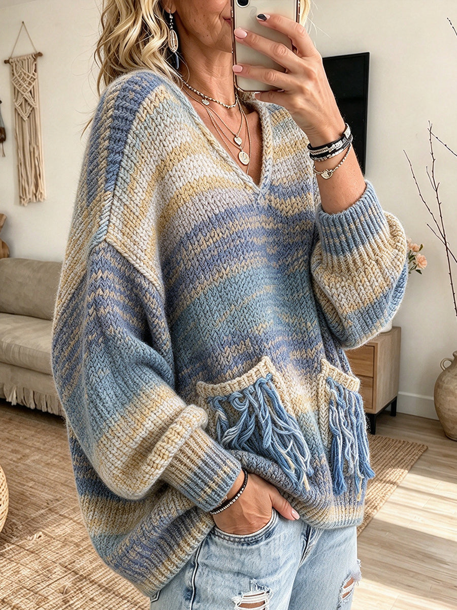 Chic Casual V-neck Knit Sweater With A Gradient Multi-color Blend, Fringe, And Pockets