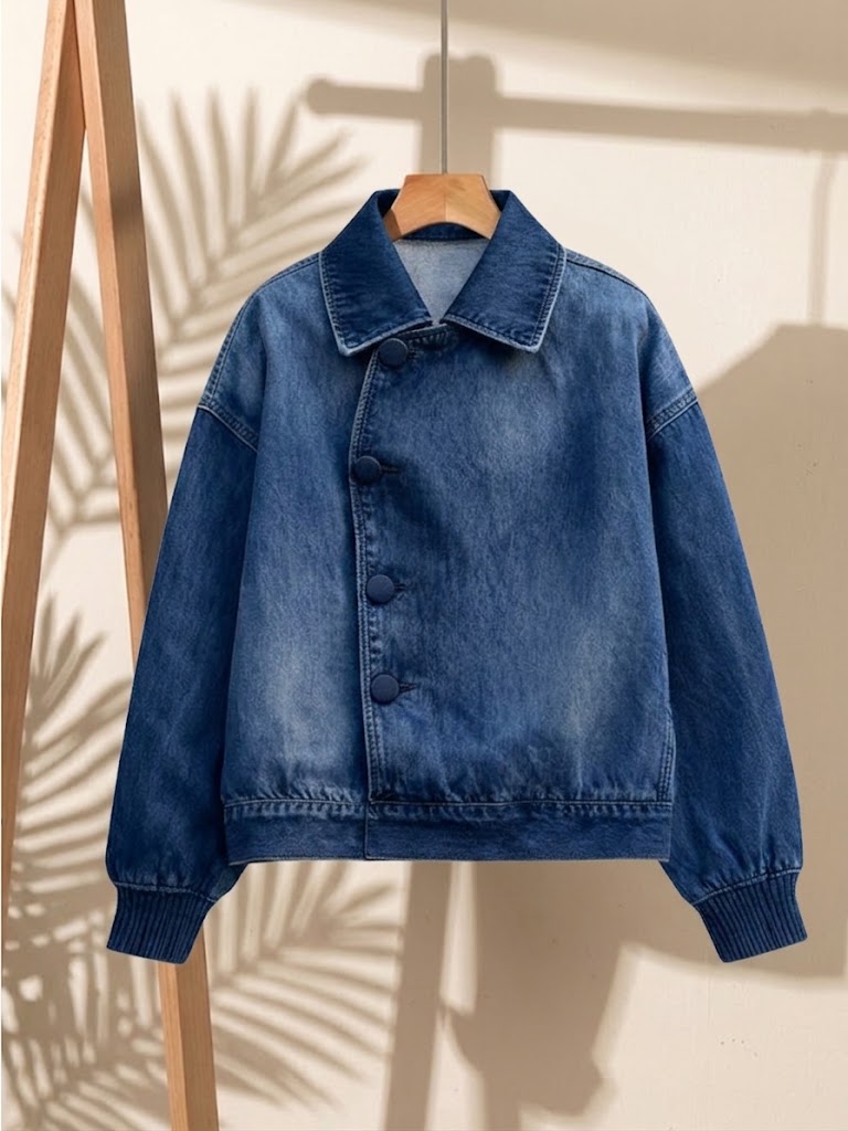 Asymmetric-placket Denim Jacket With A Collar