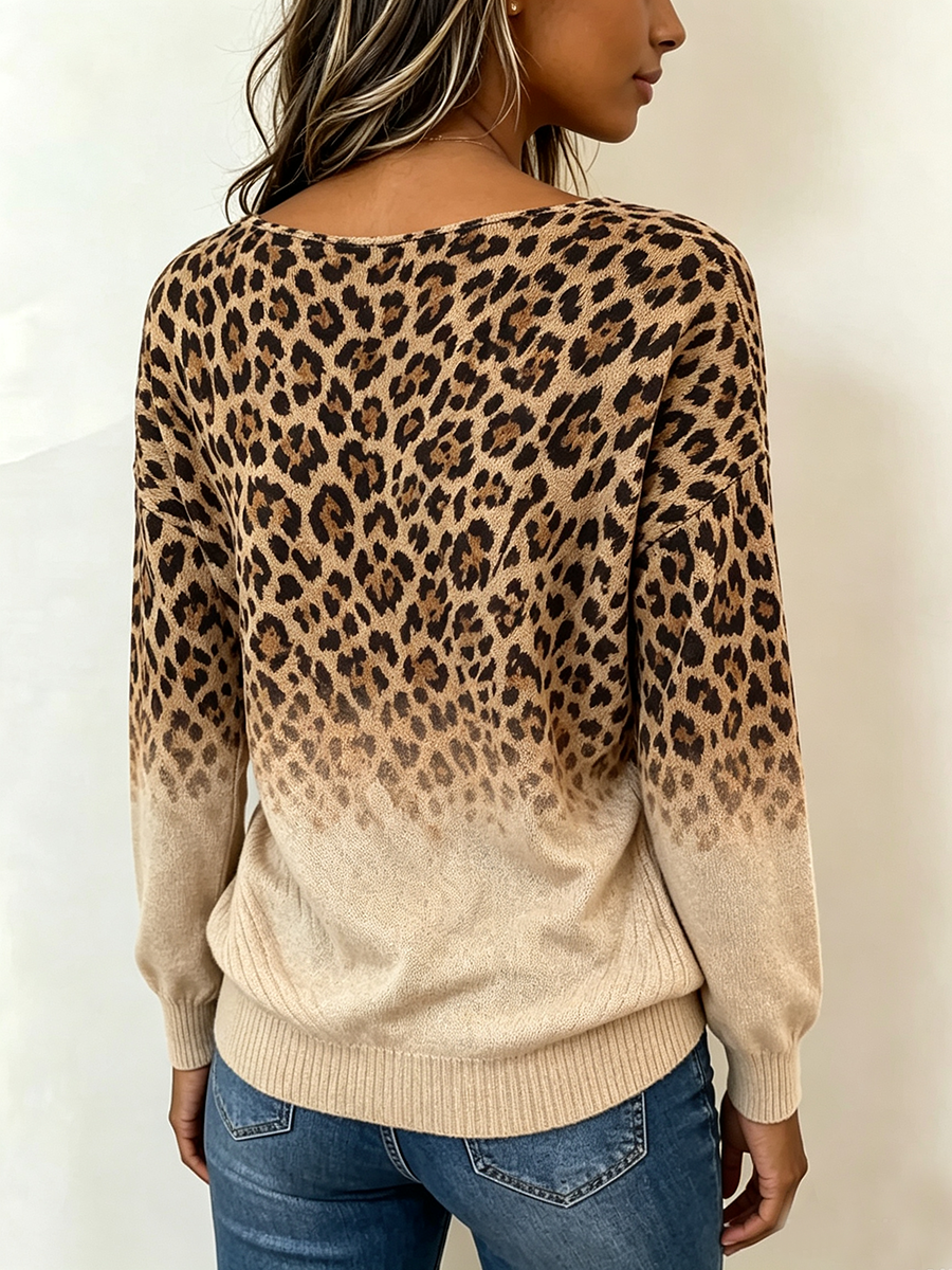 Chic Leopard Print Wrap Faux Two-piece Sweater Top