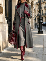 Elegant Herringbone Wool-blend Long Coat