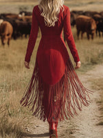 Women's Solid-color Stand-collar Long-sleeve Casual Slim-fit A-line Dress With Tassels