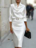 Women's Solid Color Satin Dress – Shirt Collar 3/4 Sleeves Casual Loose Fit
