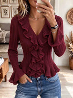 Cascading Ruffle V-neck Ribbed Knit Top