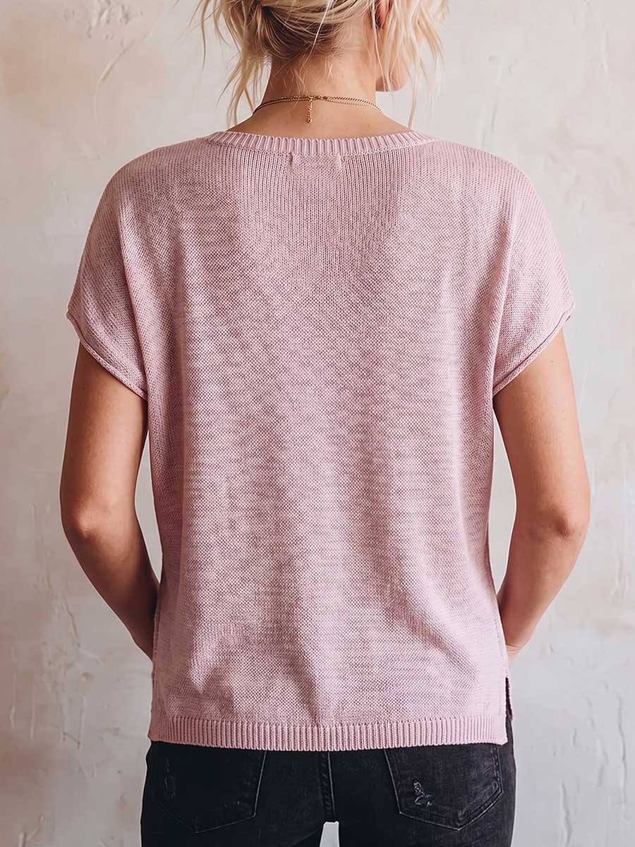 Women's V-neck Short-sleeve Casual Loose Knit Pullover