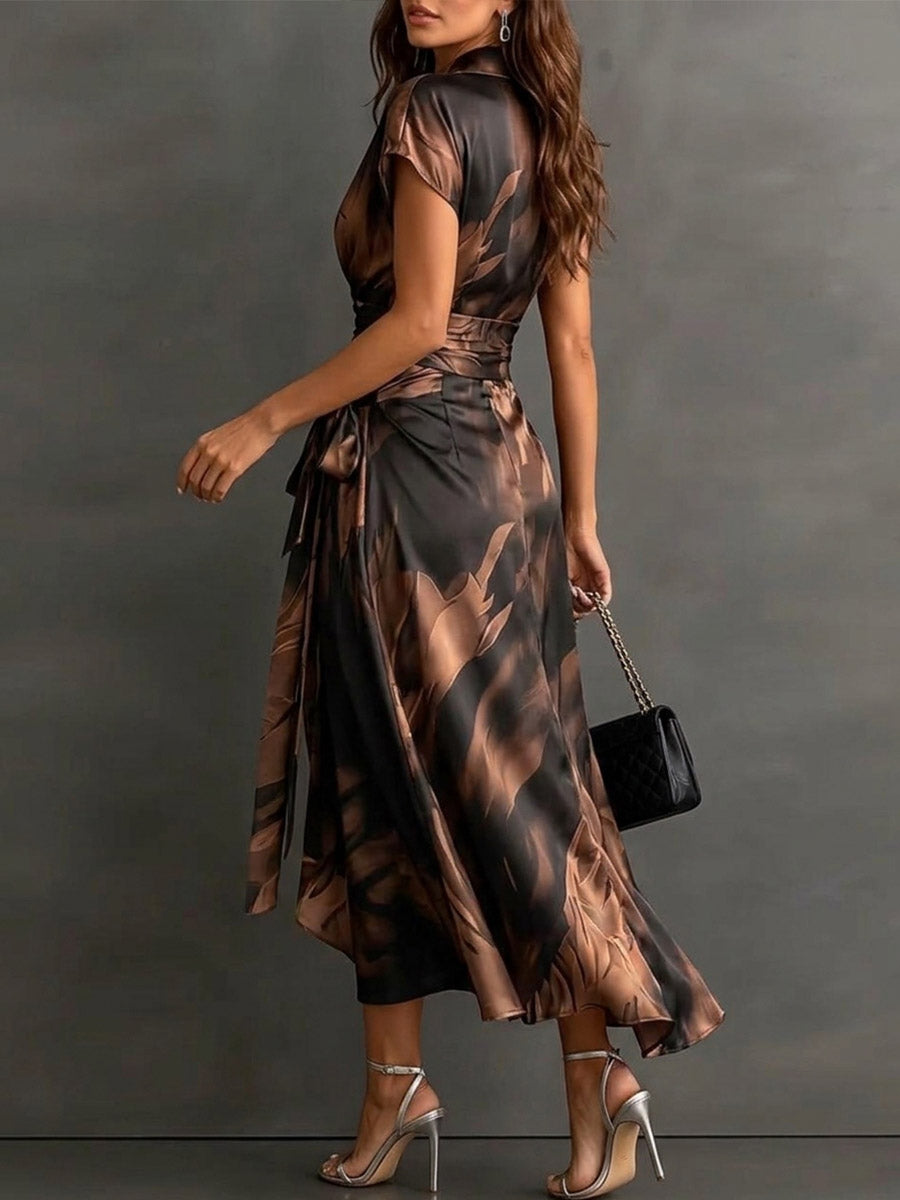 Elegant Deep V-neck Abstract Print Wrap Maxi Dress