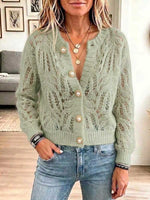 Women's Solid Color Round Neck Hollow-out Long Sleeve Casual Loose Knit Cardigan