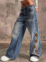 Vintage Washed Cut‑out Floral Embroidery Wide‑leg Jeans