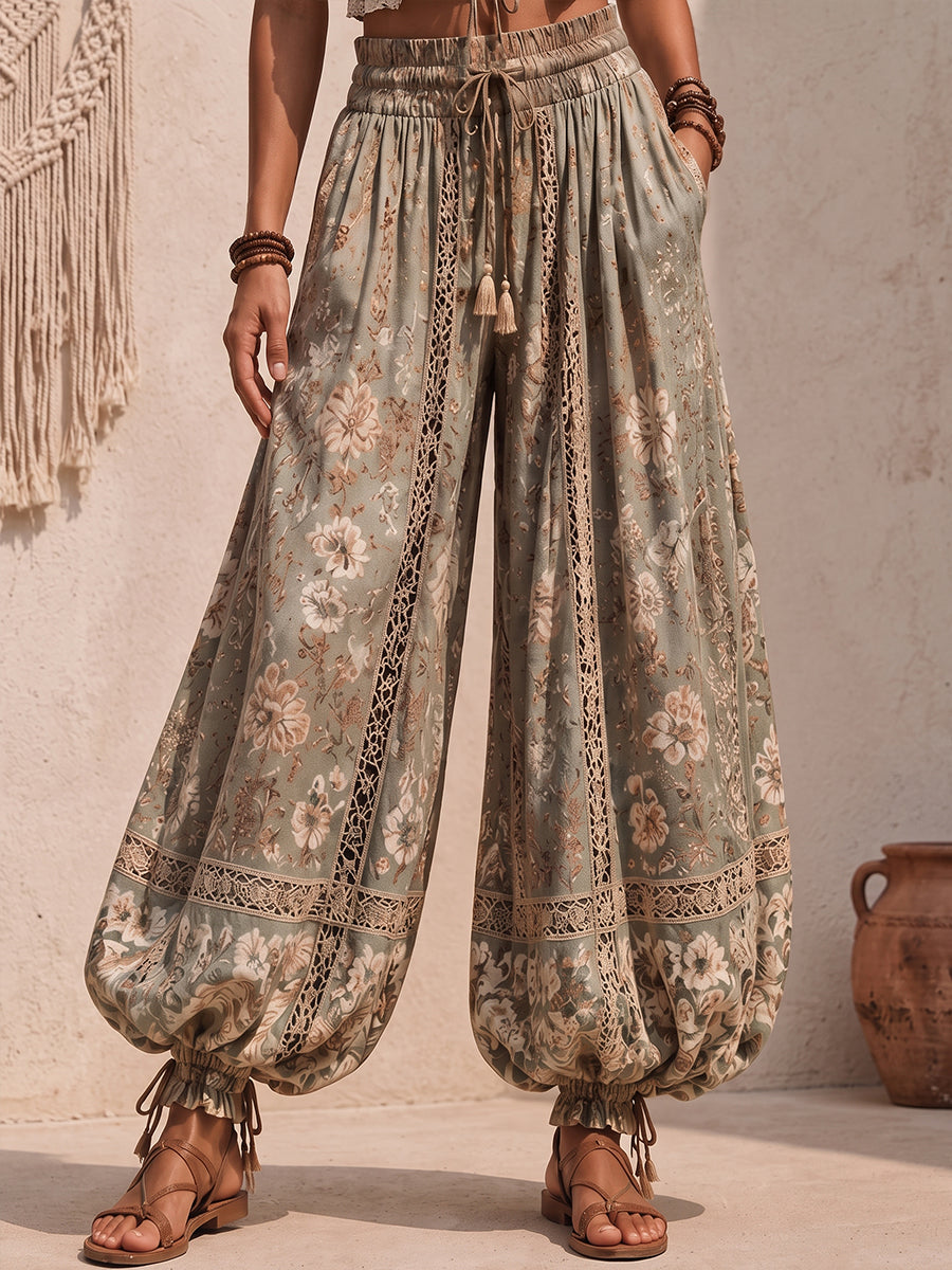 Bohemian Floral Lace-Inset Lantern Pants