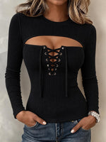 Women's Gradient Leopard Print Cut-out Crew Neck Lace-up Long-sleeve Slim-fit Casual Top