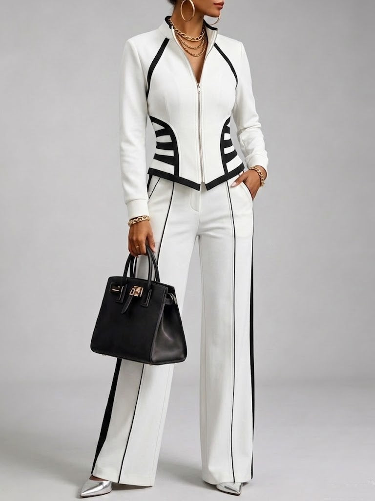 Cozy And Casual Two-piece Set Featuring A Slim-fit, Stretchy Zip-up Sweatshirt And Pants With Black Webbing Trim.