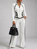 Cozy And Casual Two-piece Set Featuring A Slim-fit, Stretchy Zip-up Sweatshirt And Pants With Black Webbing Trim.