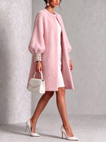 Cozy Pink Woolen Shiny Cuffs Open-front Coat