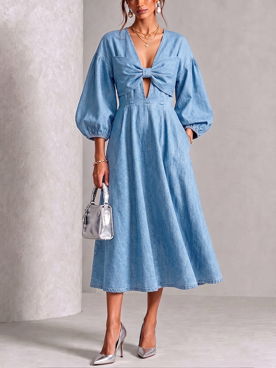Chic Washed Denim Bow-Front Midi Dress