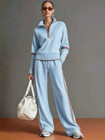 Casual Two-piece Set Featuring A Half-zip Cotton Sweatshirt And Pants With Color-block Piping.