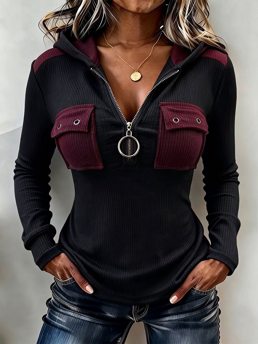 Cozy Colorblock Ribbed Hooded Knit Top