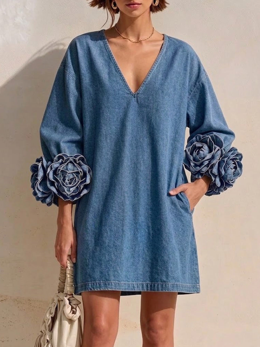 3d Floral Cuff V‑neck Loose Denim Mini Dress