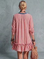Loose Casual Henry Collar Striped Ruffle Linen-cotton Mini Dress