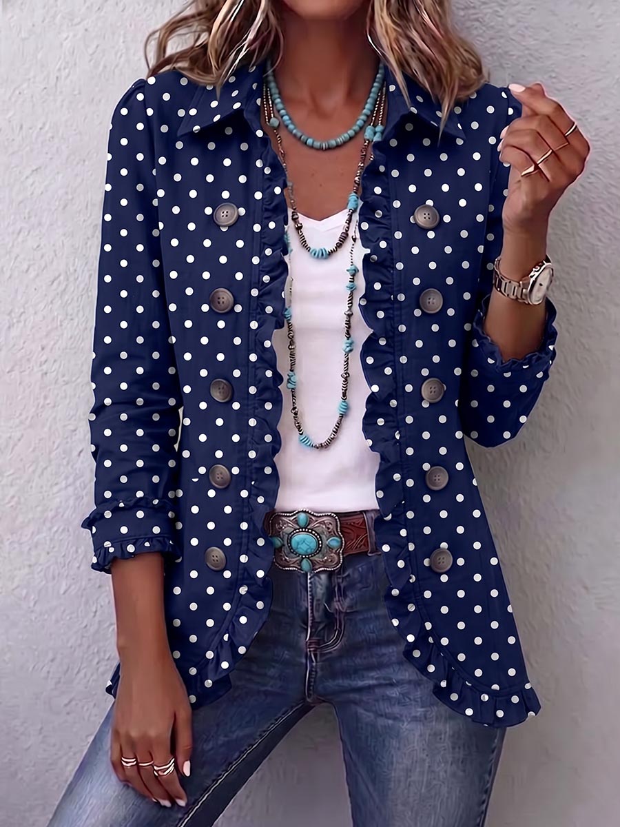 Women's Polka Dot Print Lapel Long-sleeved Casual Loose Cotton Cardigan