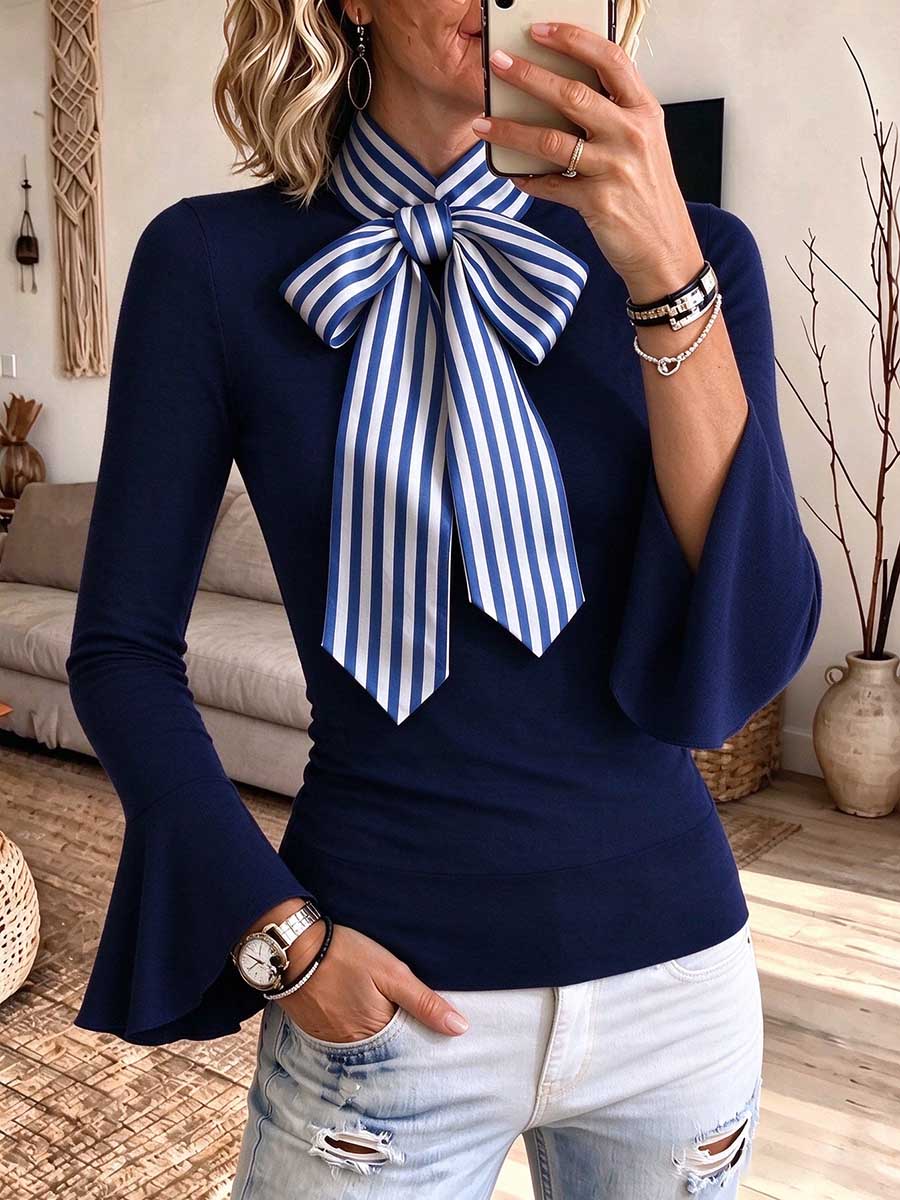 Women's Elegant Navy Blue Blouse With Striped Bow Tie And Bell Sleeves