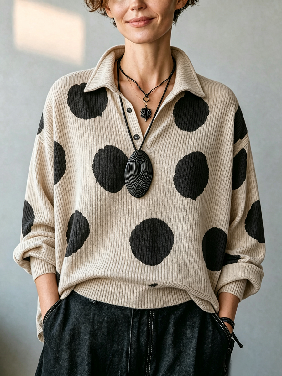 Cozy Oversized Polka Dot Lapel Collar Knit Top