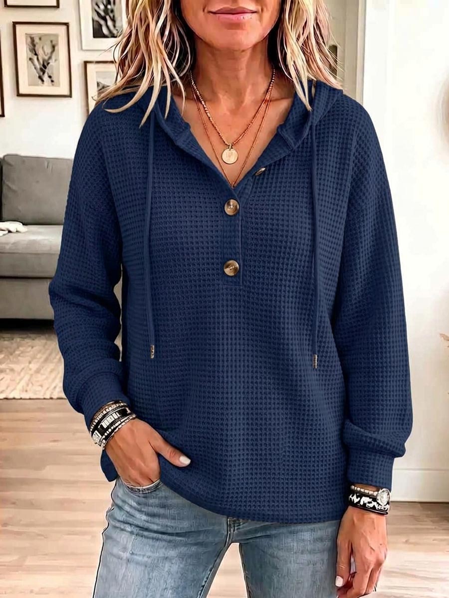 Women's Solid Color V-neck Long-sleeve Casual Loose Waffle Knit Hooded Top