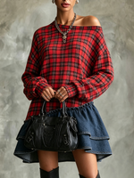 Chic Off-the-shoulder Denim Ruffles Plaid Patchwork Dress