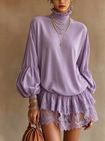 Women's Mock Neck Lantern Sleeve Tunic Top with Lace Patchwork Hem