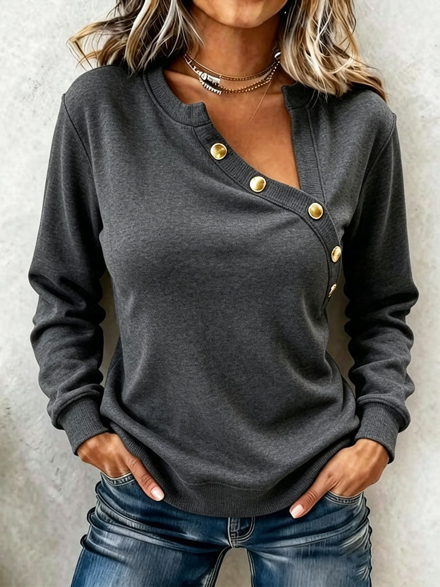 Chic Casual Charcoal Grey Asymmetrical Button-up Sweatshirt