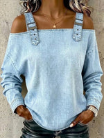 Adjustable Strap Cold‑shoulder Denim Long Sleeve Top