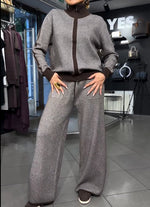 Cozy Color-block Zip-up Knit Cardigan And Trousers Two-piece Set