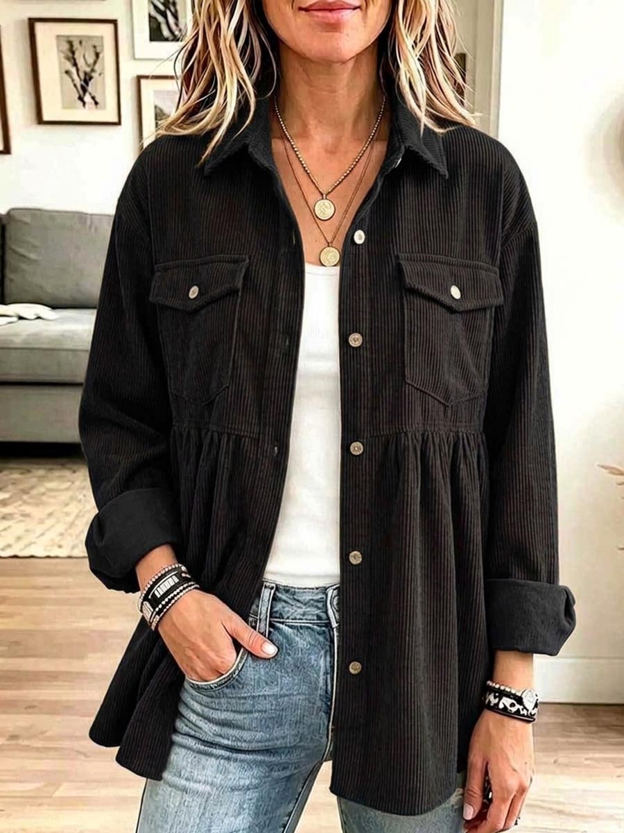 Women's Solid Color Collared Long-sleeved Casual Loose Corduroy Shirt