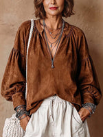 Women's Solid Color V-neck Long-sleeve Loose-fit Suede Pullover Top