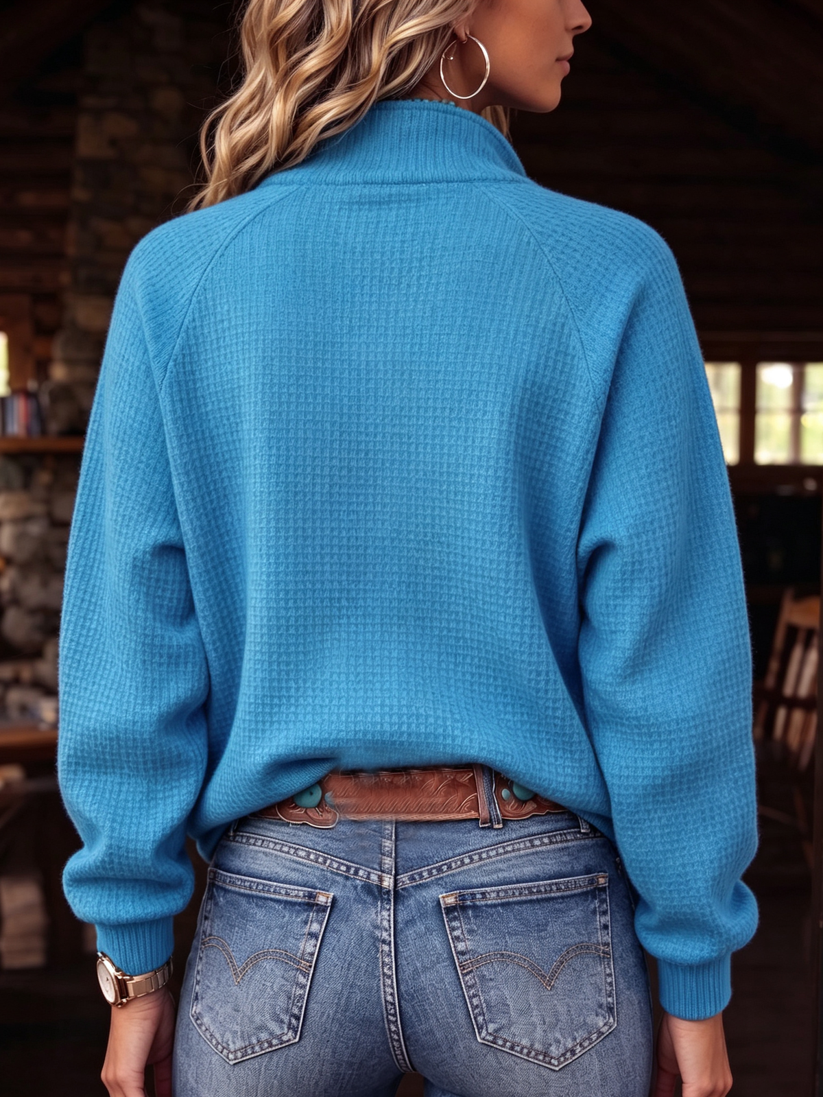 Casual Chic Utility Waffle Knit Zip-up Sweater Top