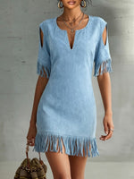 V-neck, Off-shoulder, Short-sleeve, Loose-fit Midi Dress In Faux Suede With Fringe Detailing—perfect For A Vacation Look