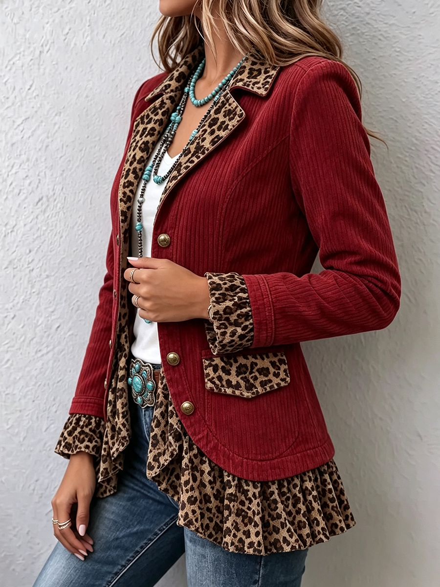 Chic Western Leopard Corduroy Ruffles Jacket
