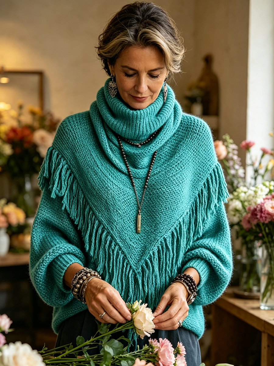 Bohemian Chic Elegant Fringe Turtleneck Sweater