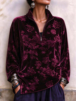 Vintage Burgundy Floral Embossed Velvet Half-zip Pullover