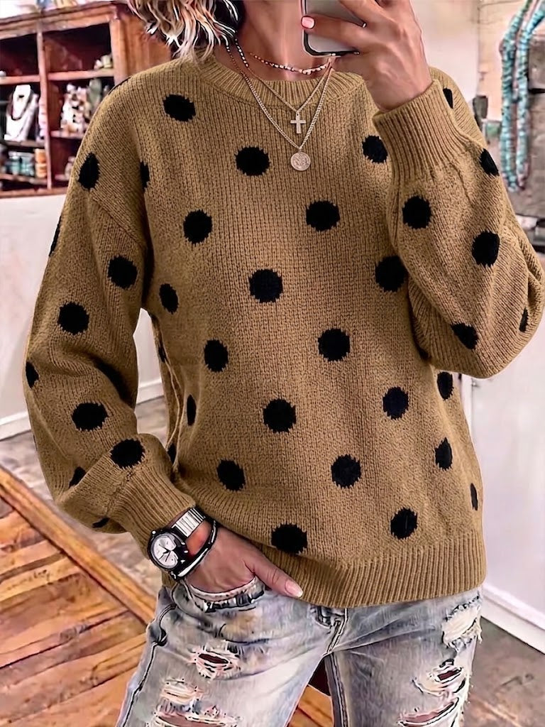 Casual Color-block Polka-dot Long-sleeve Pullover Sweater