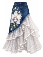 Elegant And Romantic Paneled Lace-and-denim Skirt