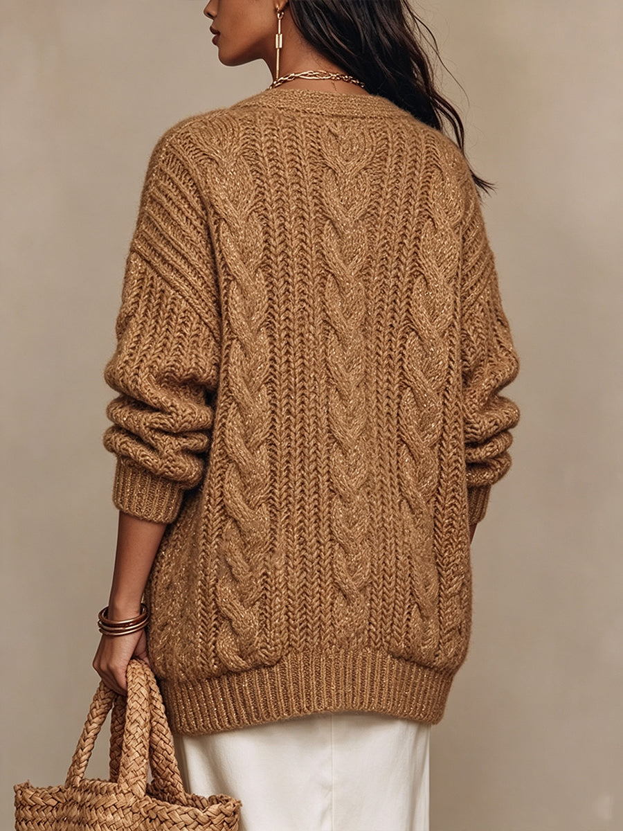 Old Money Cozy Shiny Cable-Knit Cardigan